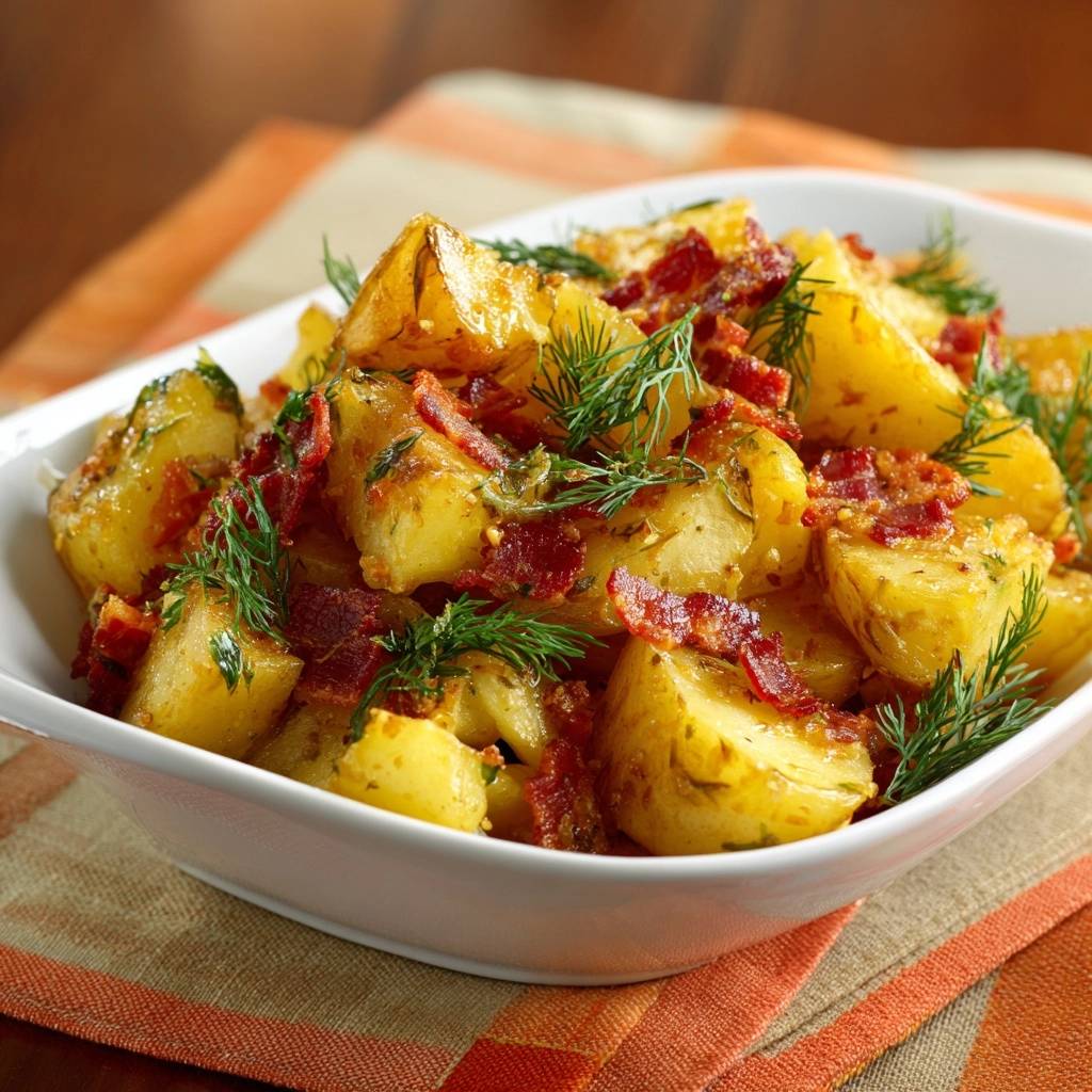 Knusprige Bratkartoffeln mit Speck und Dill, eine Schüssel mit Kartoffeln garniert mit frischem Dill und Speckstückchen.
