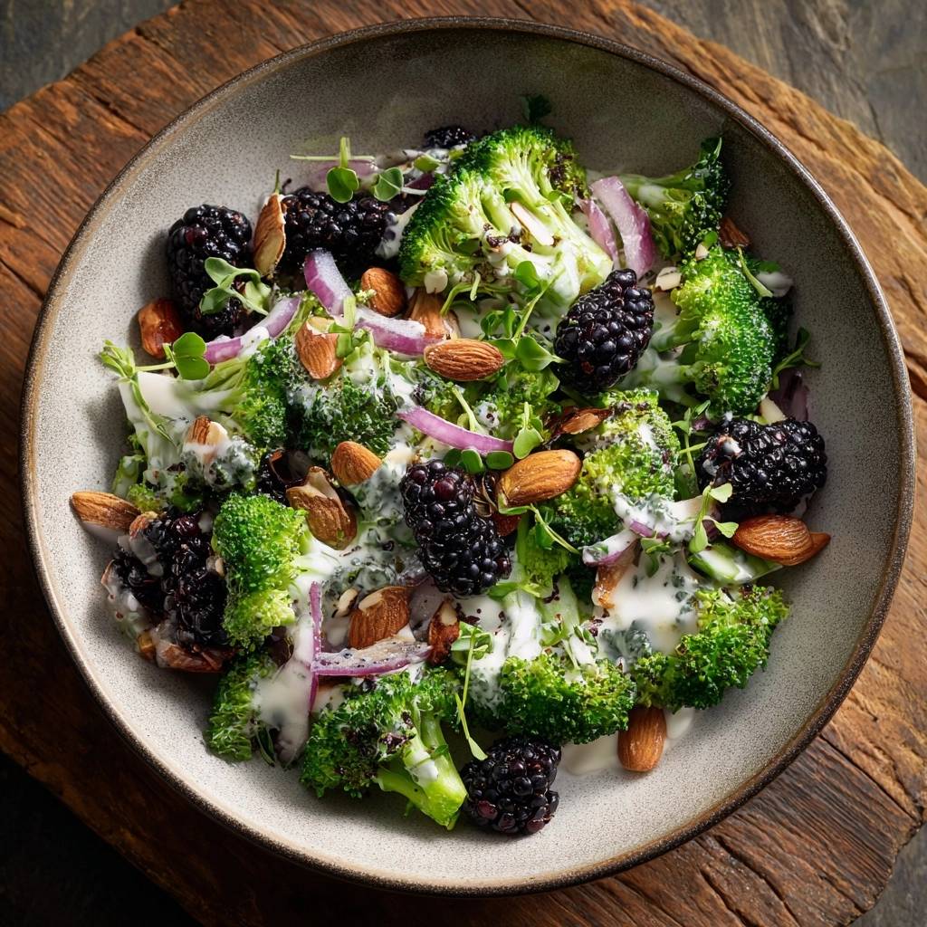 Frischer Brokkoli-Brombeer-Salat mit Nüssen und cremigem Dressing, von oben gesehen in einer Schüssel.