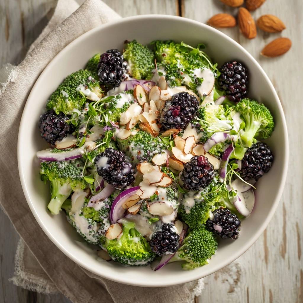 Frischer Brokkoli-Brombeer-Salat in einer Schüssel von oben mit Brombeeren, Mandeln und einer cremigen Sauce.