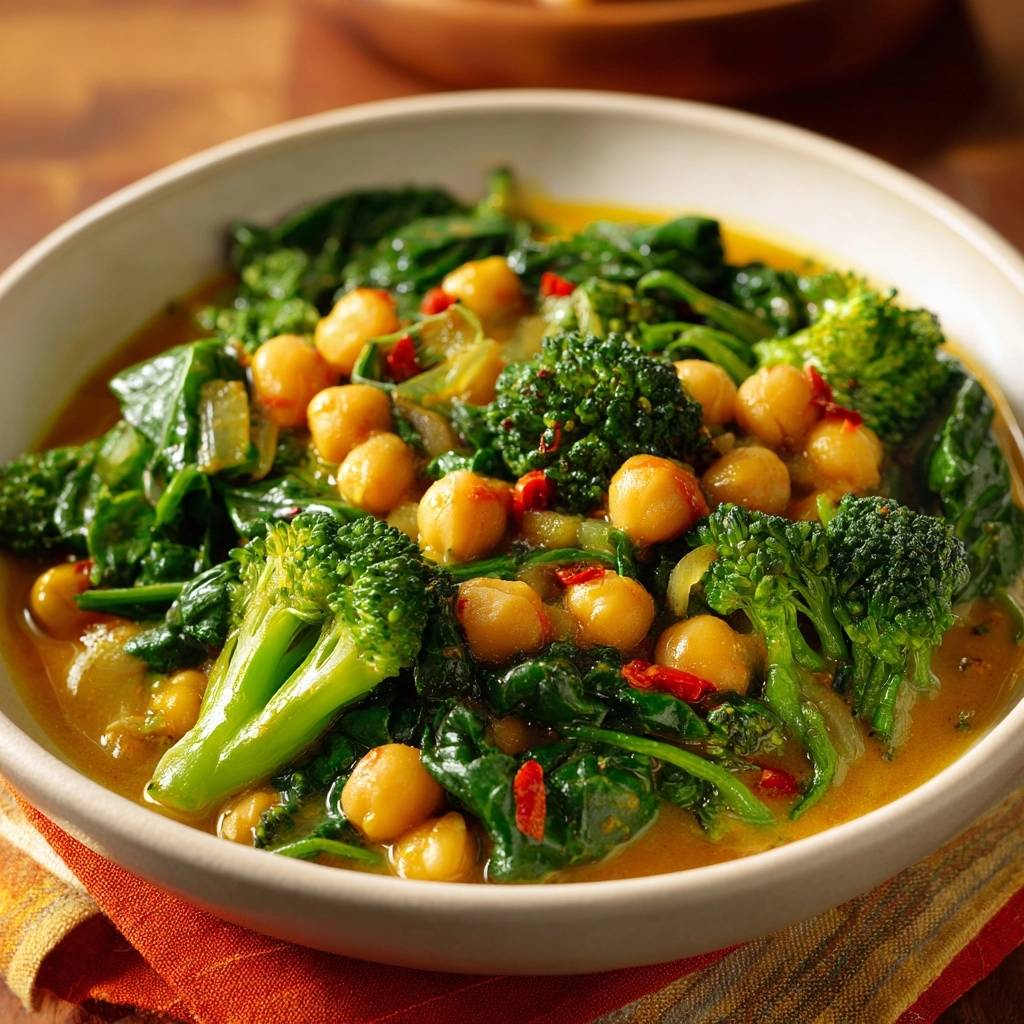 Würziges Brokkoli-Kichererbsen-Curry als Nahaufnahme mit Kichererbsen und Brokkoliröschen in einer gelben Soße.