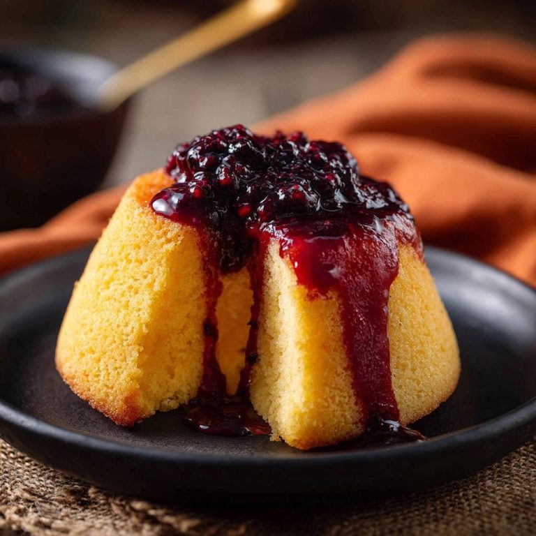 Brombeer-Vanille-Pudding mit üppiger Brombeersauce und Glasur, die über den Rand tropft.