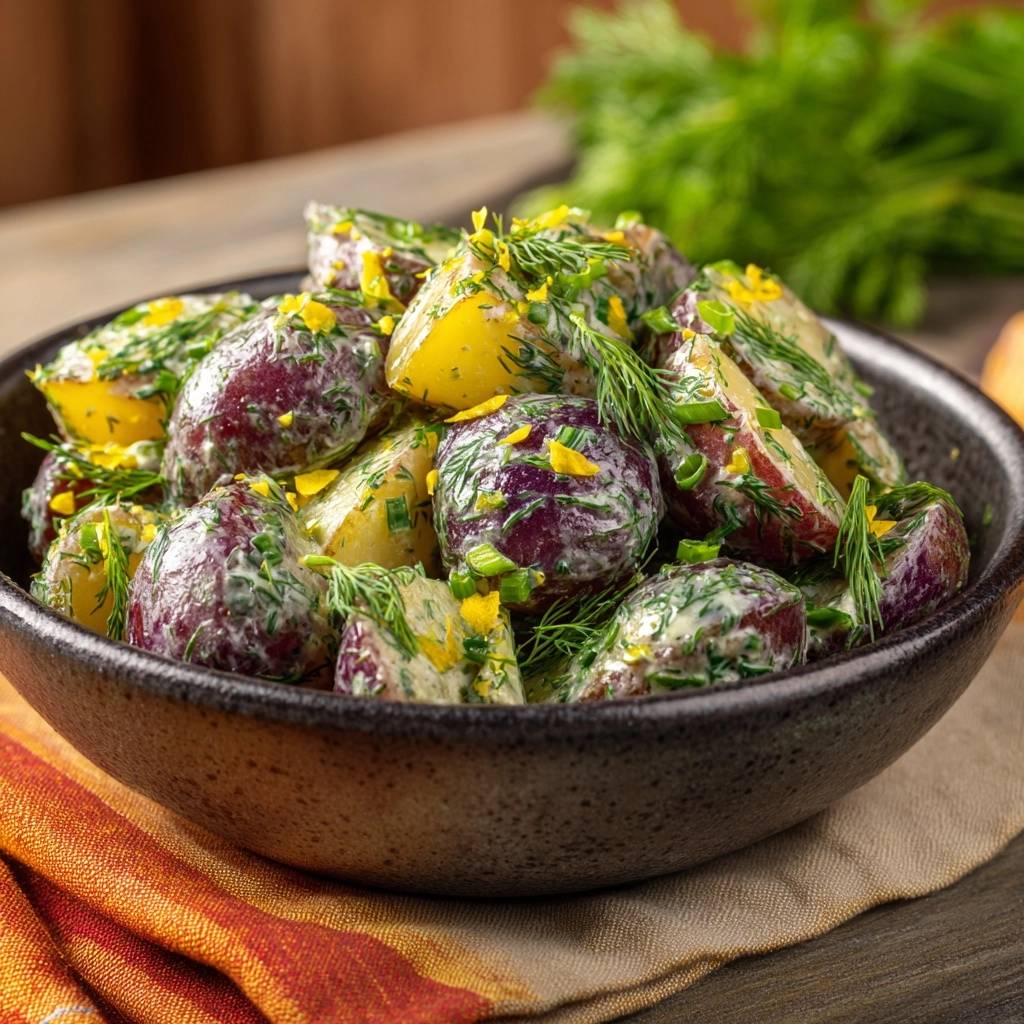 Bunter Dill-Kartoffelsalat in einer Schüssel, Nahaufnahme mit cremigem Dressing und frischen Kräutern garniert.