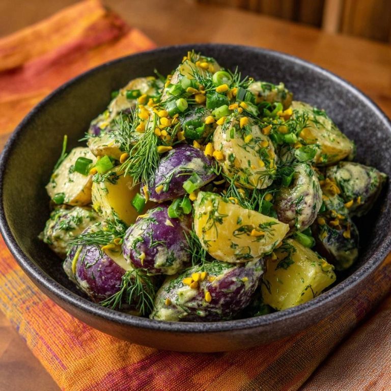 Bunter Dill-Kartoffelsalat mit cremiger Sauce, garniert mit frischem Dill und Frühlingszwiebeln in einer Schüssel