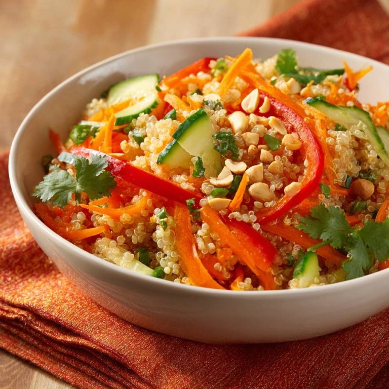 Bunter Quinoa-Gemüsesalat mit Karotten, Gurken und Paprika, Nahaufnahme in einer Schüssel.