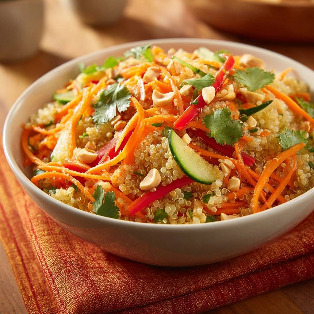 Bunter Quinoa-Gemüsesalat mit Karotten, Gurken und Erdnüssen, nahaufnahme garniert mit frischem Koriander und Chilistreifen.