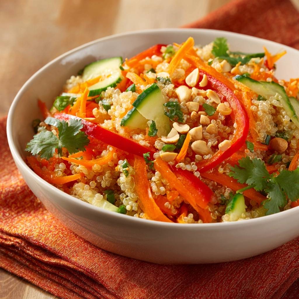 Bunter Quinoa-Gemüsesalat mit Karotten, Gurken und Paprika, Nahaufnahme in einer Schüssel.
