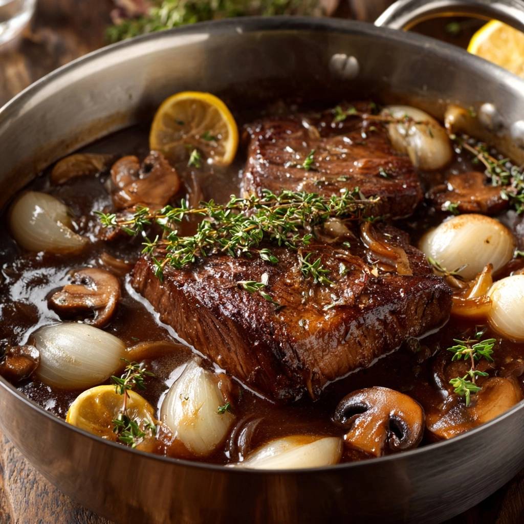 Butterzartes Rindfleisch mit Pilzen und Perlzwiebeln in einer Pfanne garniert mit frischem Thymian und Zitronenscheiben.