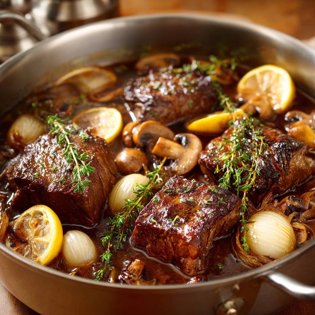 Butterzartes Rindfleisch mit Pilzen und Perlzwiebeln als Nahaufnahme mit frischer Garnitur aus Thymian und Zitronenscheiben.