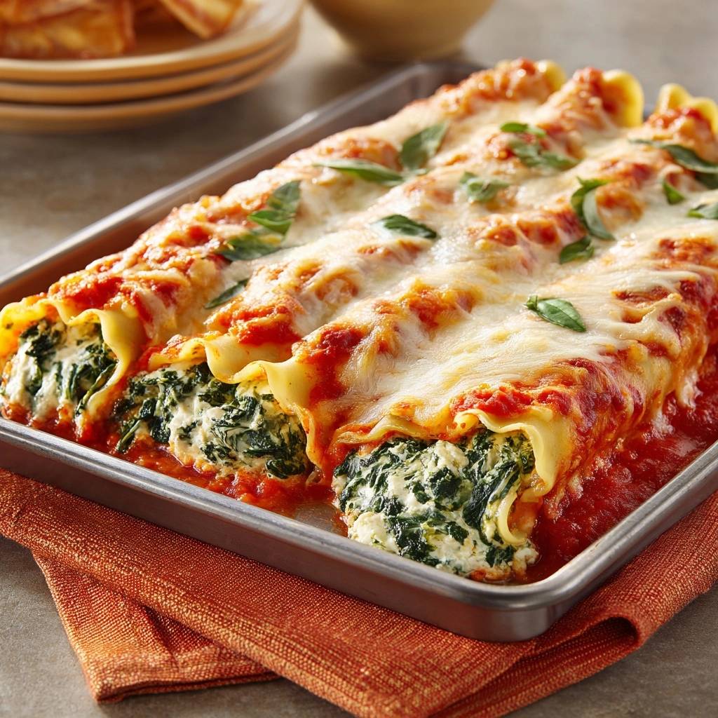 Cannelloni mit Spinat und Ricotta frisch aus dem Backblech, mit geschmolzenem Käse und Basilikum garniert.