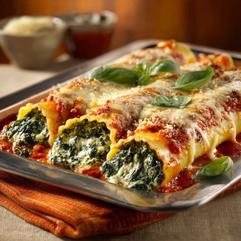 Cannelloni mit Spinat und Ricotta, eine Nahaufnahme zeigt die cremige Füllung und die goldbraune Käseschicht.