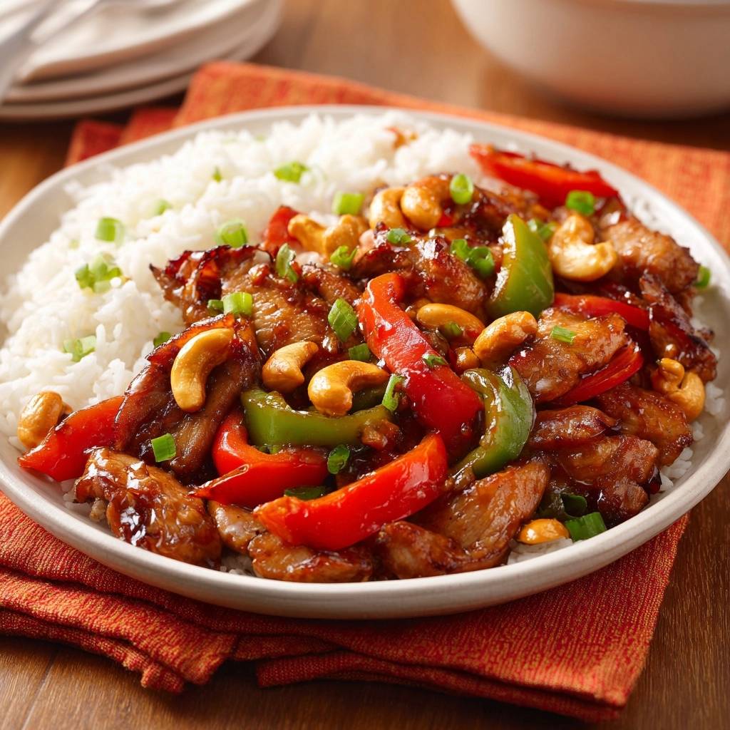 Knuspriges Cashew-Hähnchen auf einem Teller mit Reis, serviert mit Paprika und Cashewkernen, garniert mit Frühlingszwiebeln.