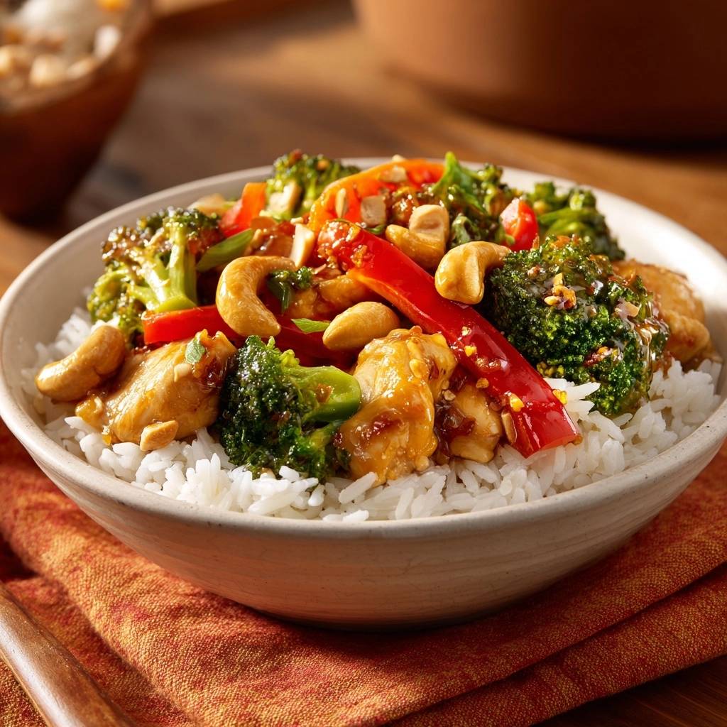 Knackiges Cashew-Hähnchen mit Brokkoli als Schüssel serviert, mit süßer Sauce und Cashewkernen garniert.