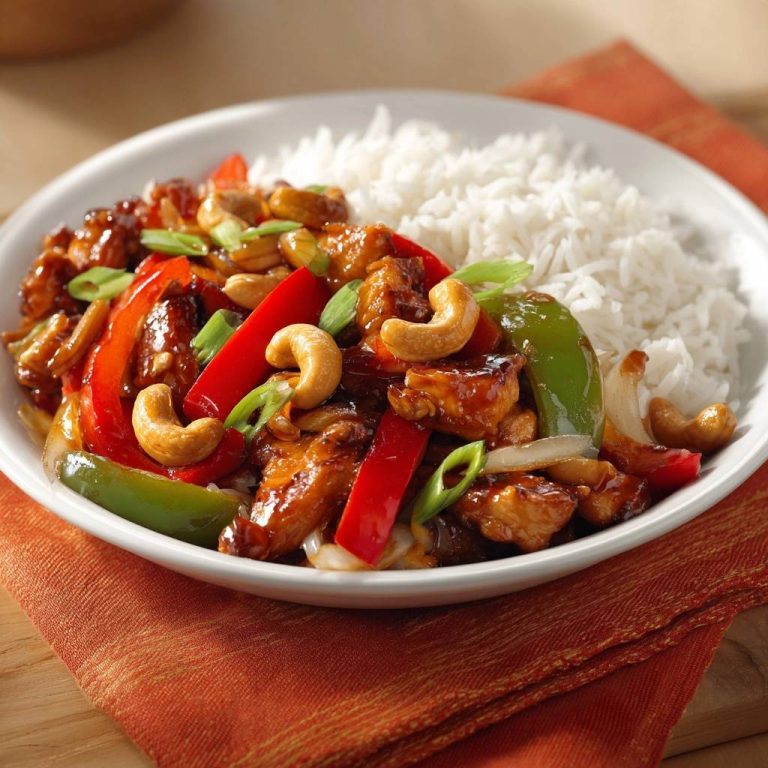 Knuspriges Cashew-Hähnchen auf einem Teller mit weißem Reis, garniert mit Cashewkernen und Frühlingszwiebeln.