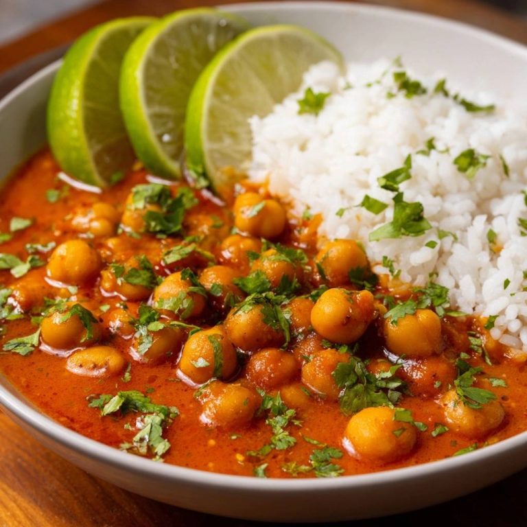 Chana Masala mit Reis, serviert mit Limettenspalten und frischem Koriander, detailreiche Nahaufnahme der Garnitur.