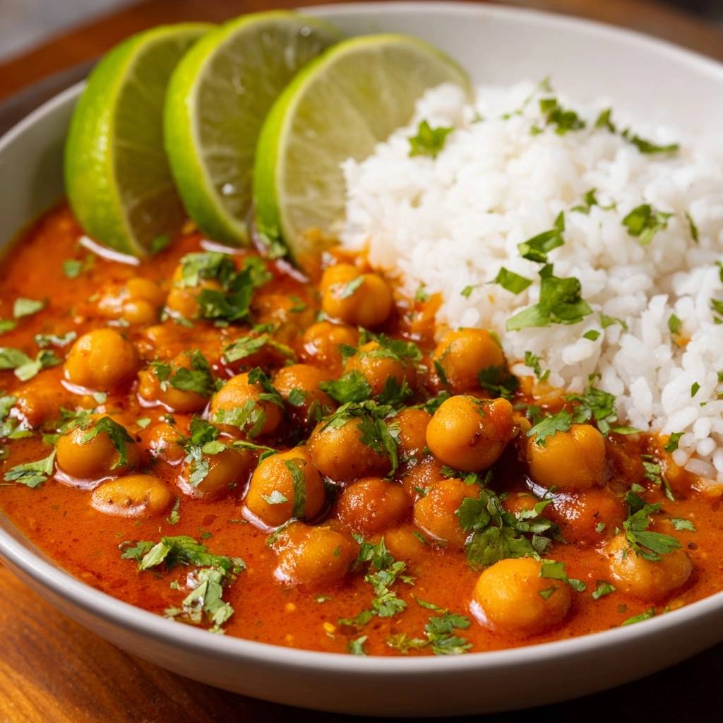 Chana Masala mit Reis, serviert mit Limettenspalten und frischem Koriander, detailreiche Nahaufnahme der Garnitur.