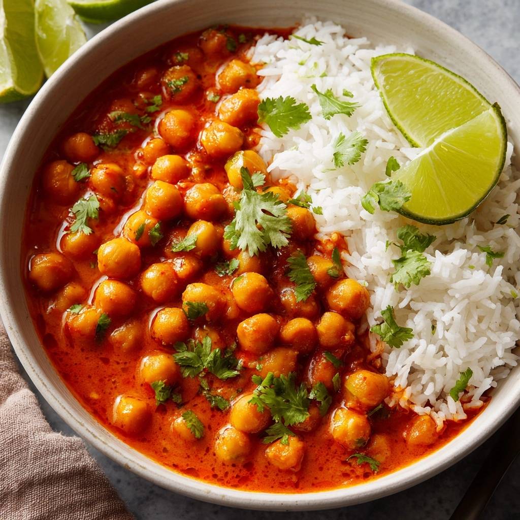 Chana Masala mit Reis, serviert in einer Schüssel mit Limettenspalten und Koriander garniert.