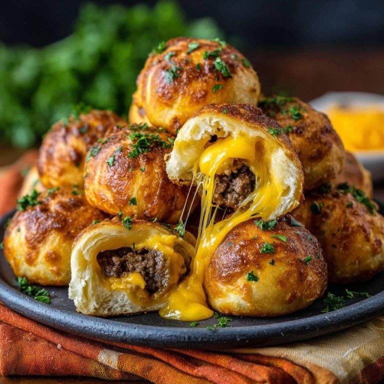 Knusprige Cheeseburger Bällchen angeschnitten, mit geschmolzenem Käse und Hackfleisch im Inneren, bestreut mit Petersilie.