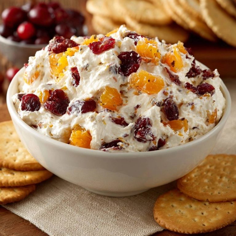 Cranberry-Mandarinen-Dip im Detail, mit saftigen Cranberries und Mandarinenstücken in cremiger Dip-Basis, umgeben von Crackern.