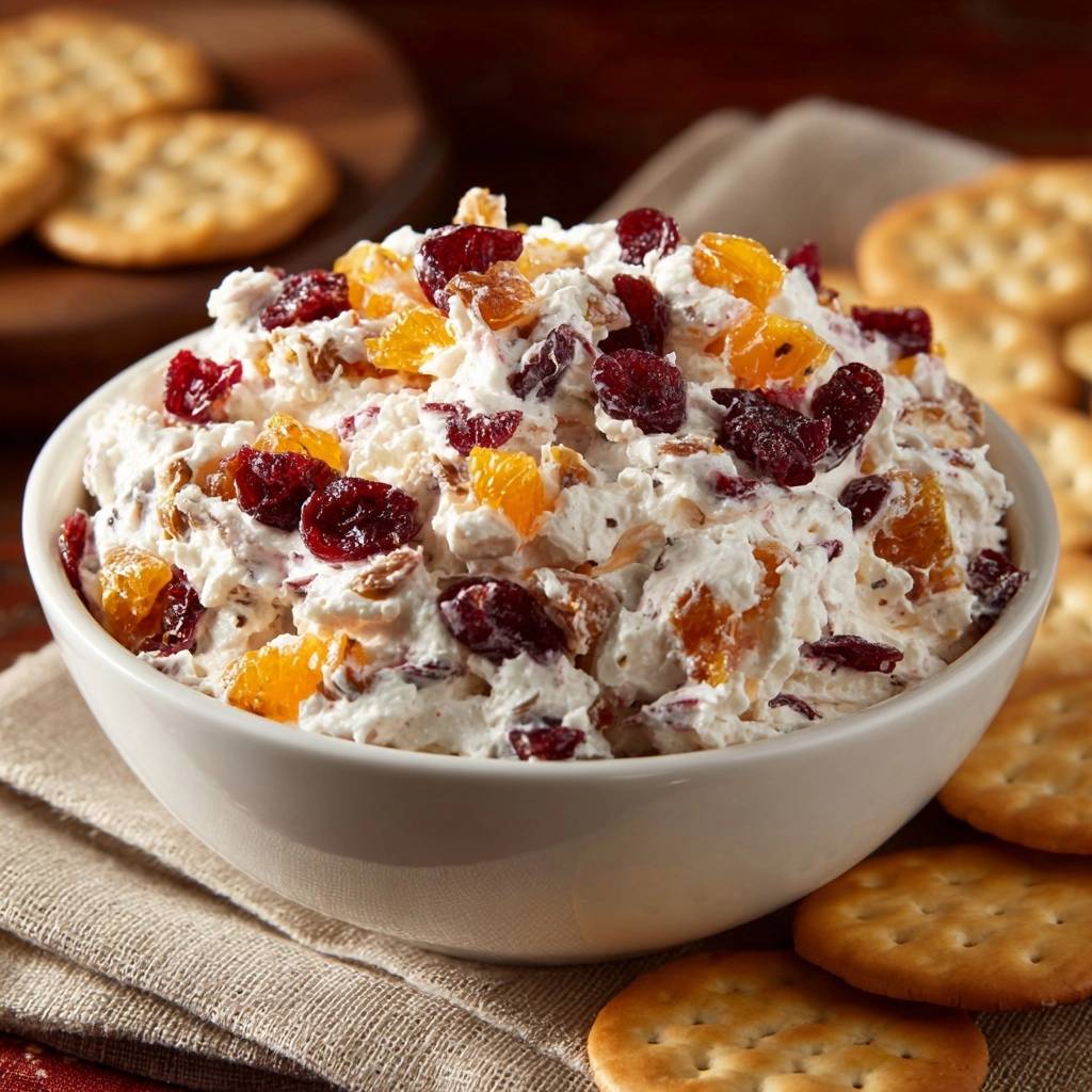 Cranberry-Mandarinen-Dip mit saftigen Früchten und cremiger Konsistenz, serviert in einer Schüssel mit Crackern.