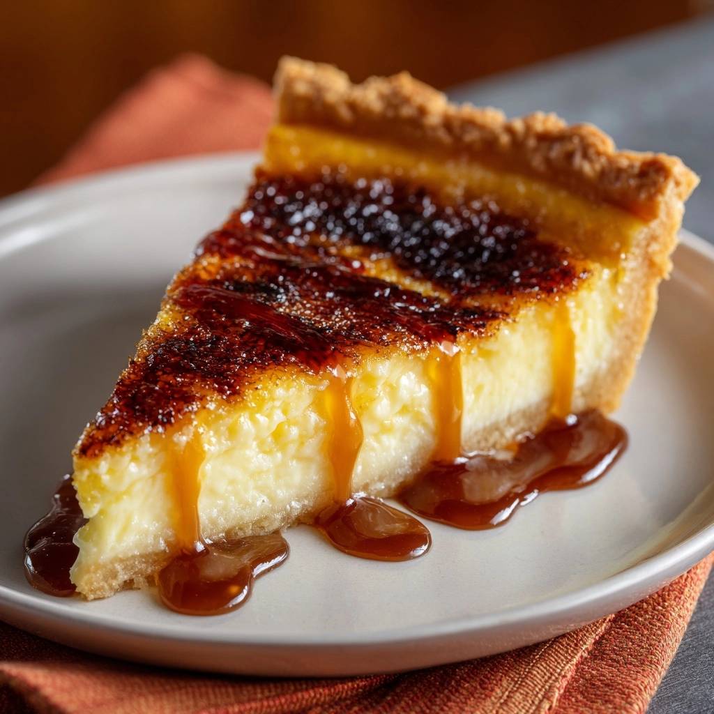 Crème Brûlée Tarte angeschnitten auf einem Teller mit überlaufendem Karamell und knuspriger Kruste.