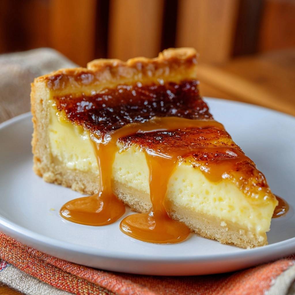 Crème Brûlée Tarte angeschnitten auf einem Teller, mit geschmolzener Karamellsauce, die über den Rand tropft.
