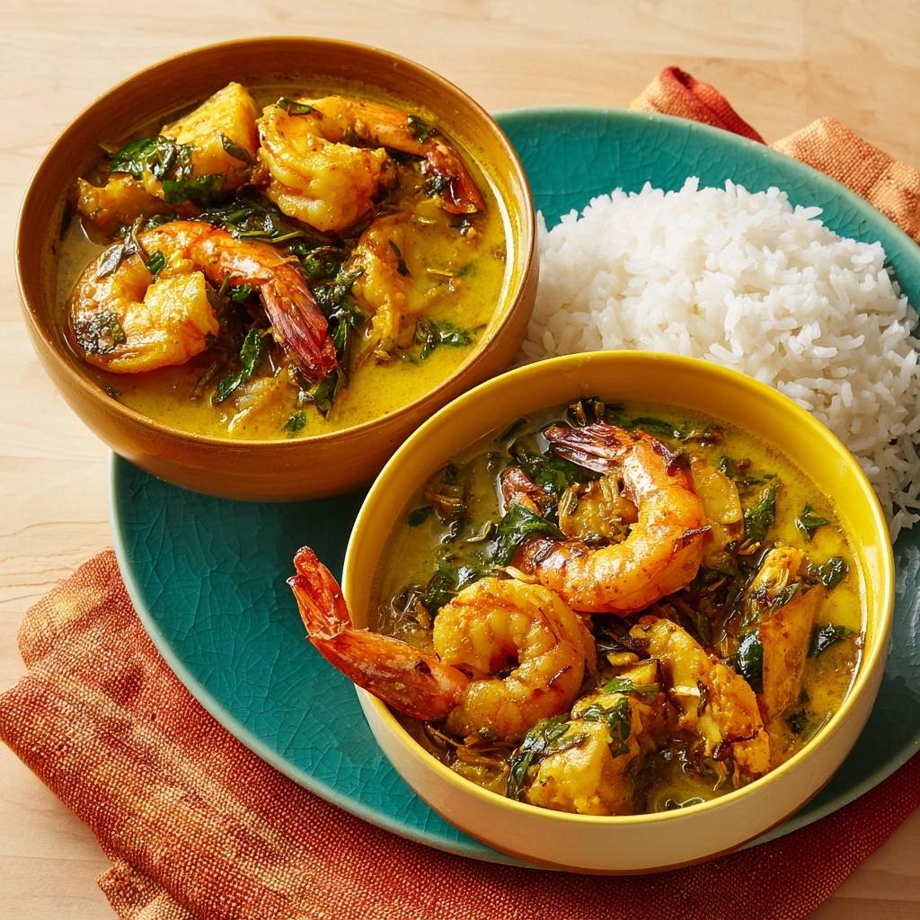 Cremiges Garnelen-Curry mit Kokosmilch, serviert in zwei Holzschalen mit Reis auf einem türkisfarbenen Teller.