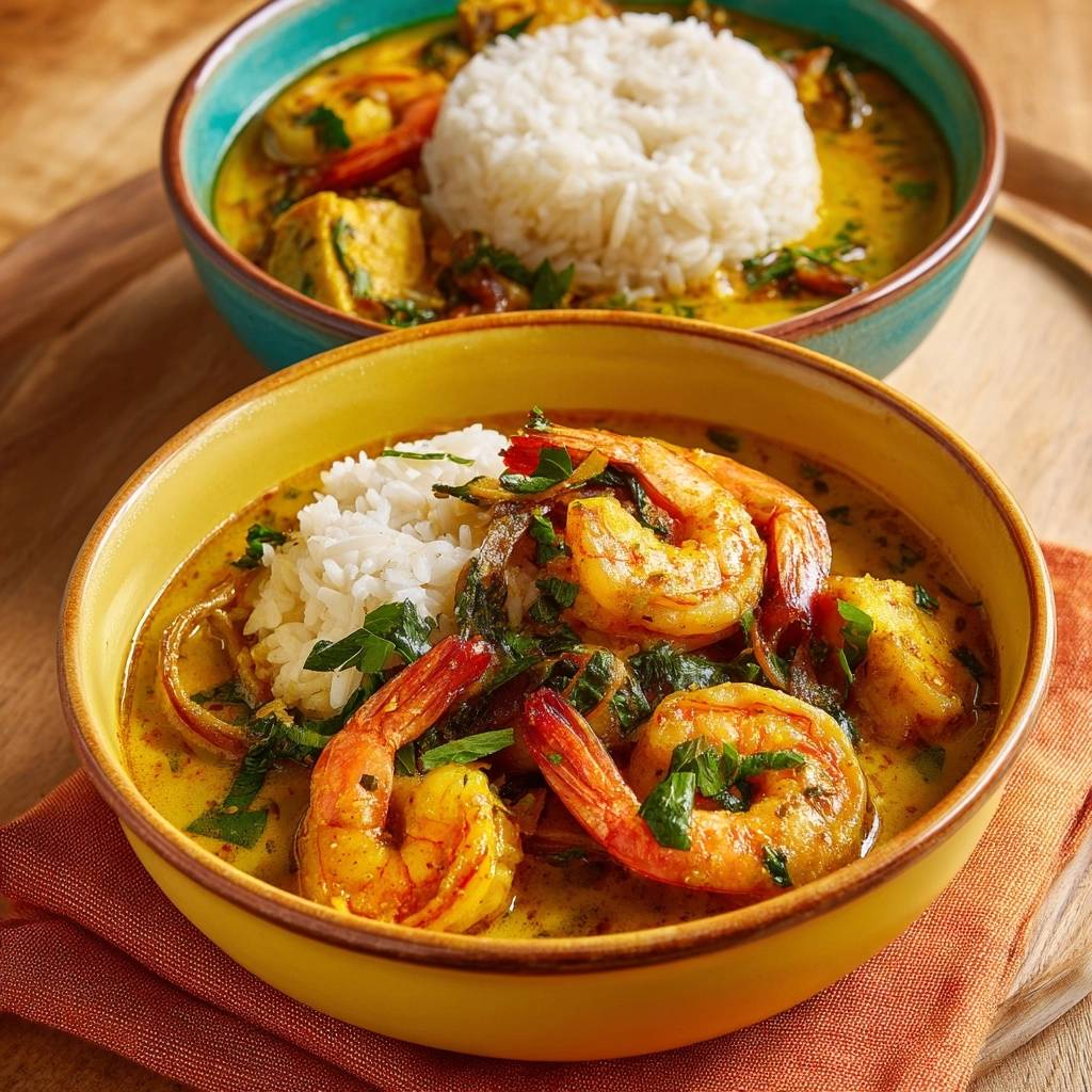 Cremiges Garnelen-Curry mit Kokosmilch, serviert in zwei bunten Schüsseln mit Reis und Garnelen, aus der Nahaufnahme.