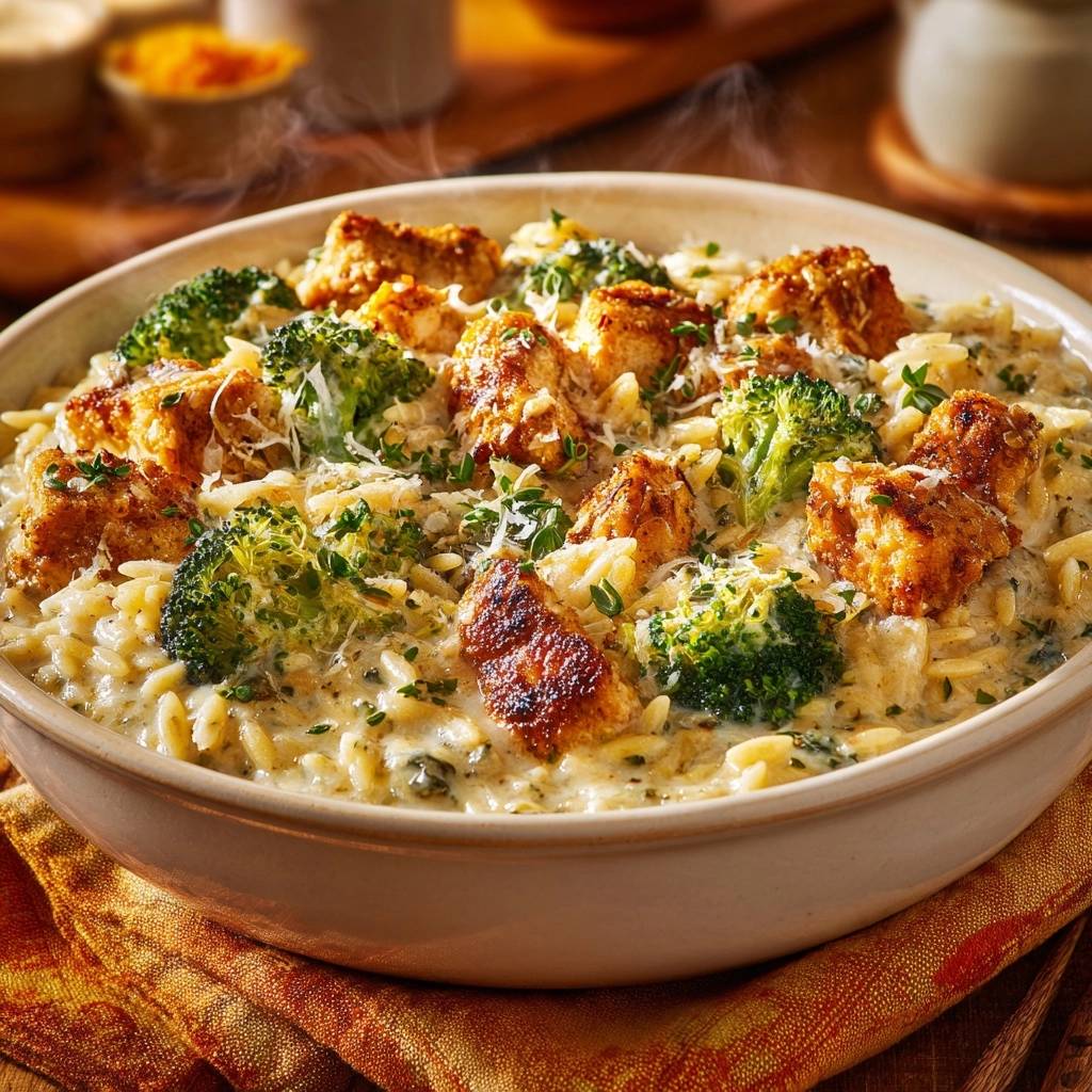 Cremiger Hähnchen-Brokkoli-Orzo-Auflauf mit dampfenden Nudeln, Hähnchen und Brokkoli, nahaufnahme mit Käse und Kräutern garniert.