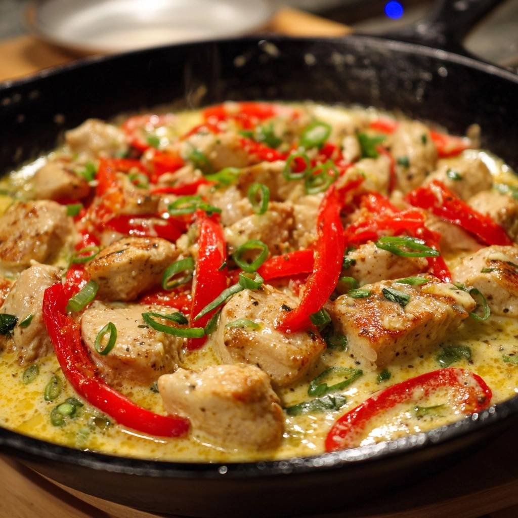 Cremiges Hühner-Curry mit Paprika und Bohnen in einer Pfanne, Nahaufnahme der dampfenden Speise mit Hühnerstücken und roten Paprikastreifen.