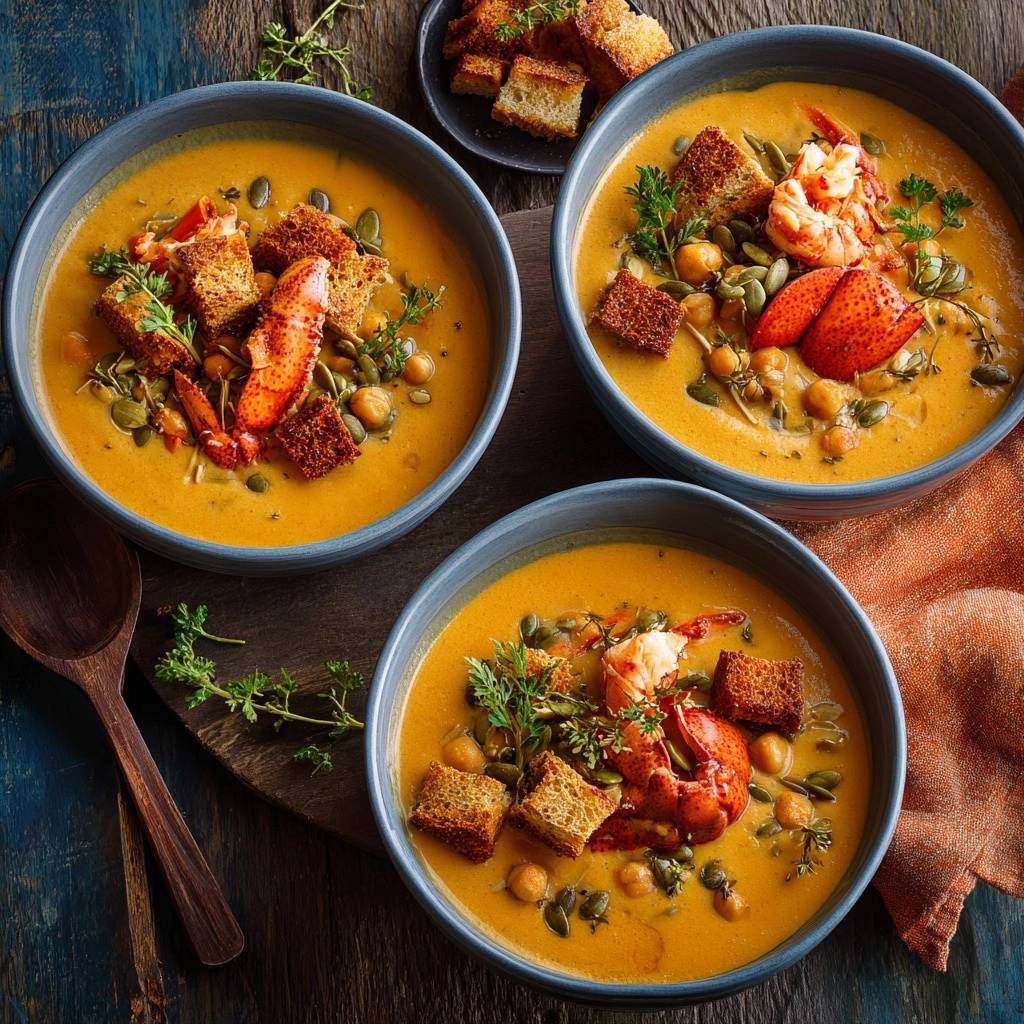 Cremige Hummer-Bisque mit Kichererbsen, serviert in blauen Schüsseln mit Hummer und Croutons, Nahaufnahme