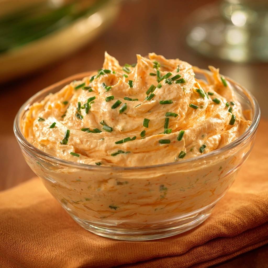 Cremiger Karotten-Schnittlauch-Dip mit frischen Schnittlauch-Garnitur in einer Glasschüssel auf einem orangefarbenen Tuch