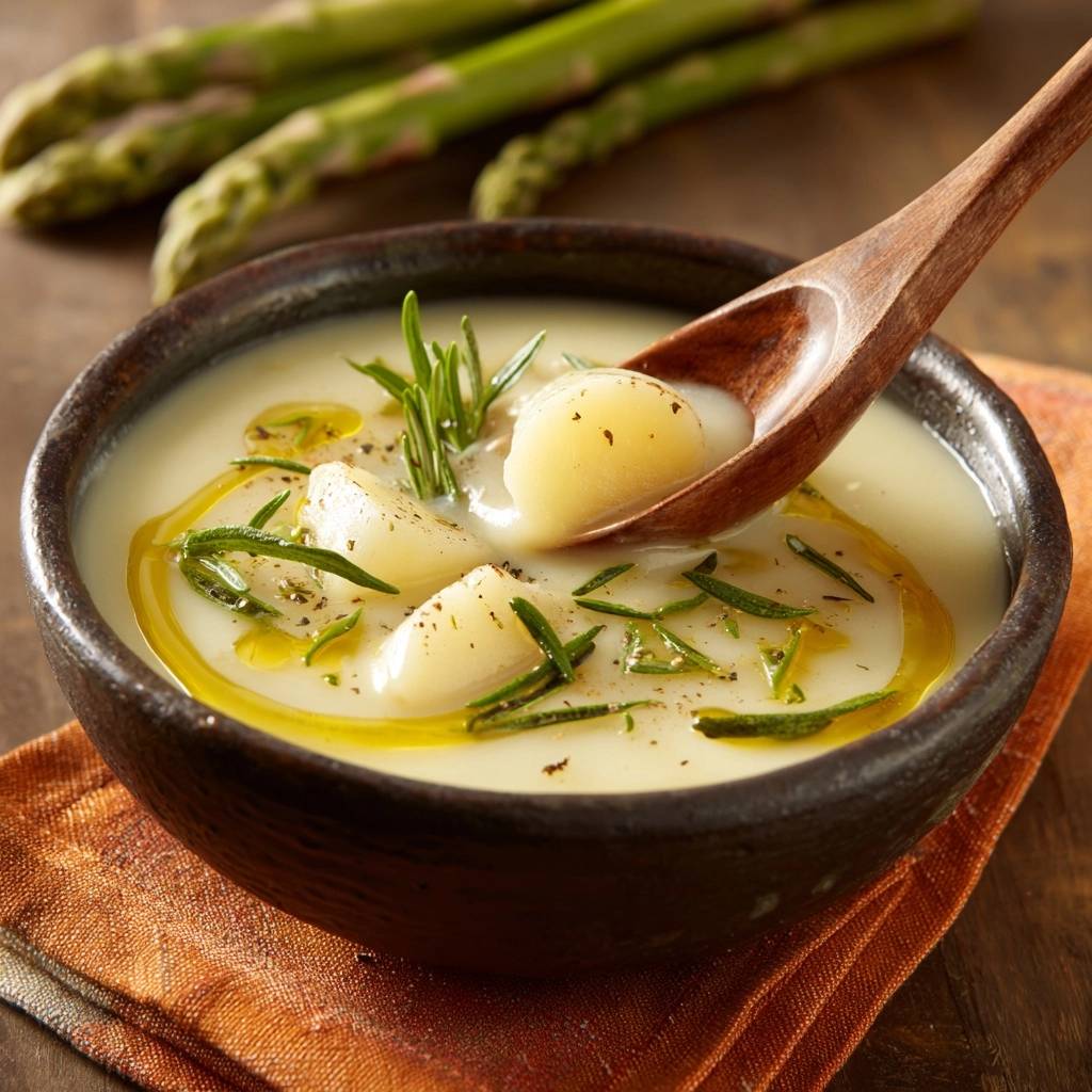 Cremige Kartoffel-Spargel-Suppe mit einem Holzlöffel, der Kartoffelstücke aus der Suppe hebt.