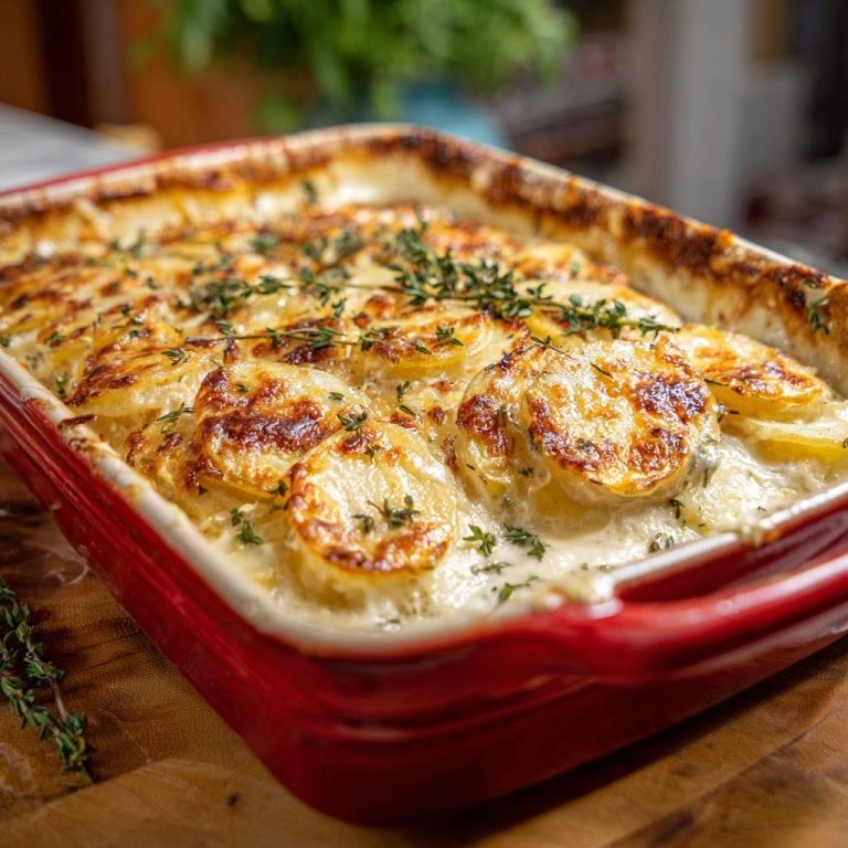 Cremiges Kartoffelgratin mit frischen Kräutern garniert, nahaufnahme im roten Auflaufform