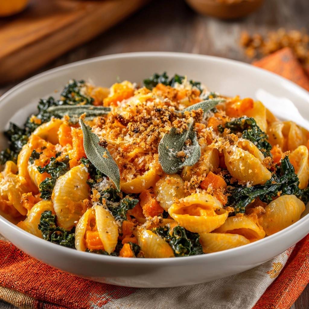 Cremige Kürbis-Pasta mit Grünkohl, garniert mit gerösteten Semmelbröseln und Salbeiblättern, in einer weißen Schüssel serviert.
