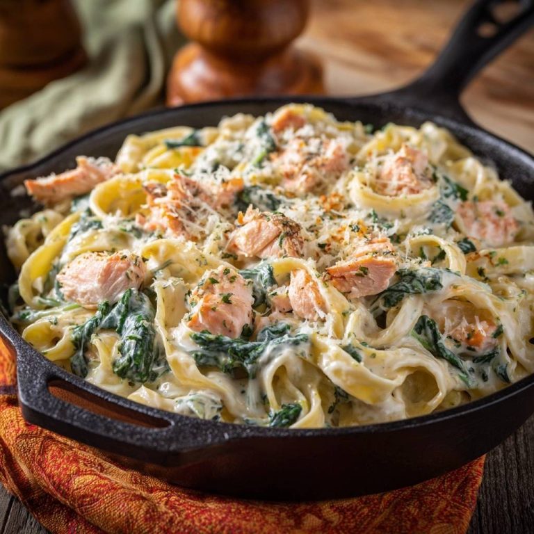 Cremige Lachs-Spinat-Pasta im gusseisernen Pfanne mit Lachs, Spinat und Nudeln, mit Parmesan bestreut.
