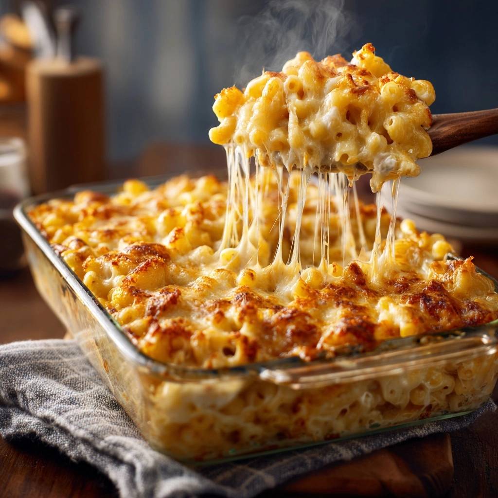 Cremiges Mac and Cheese mit Fäden von geschmolzenem Käse, frisch aus dem Ofen serviert.