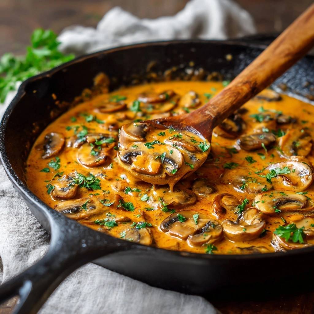 Cremige Paprikachampignons mit einem Holzkochlöffel, der eine Portion aus der Pfanne hebt, garniert mit Petersilie.
