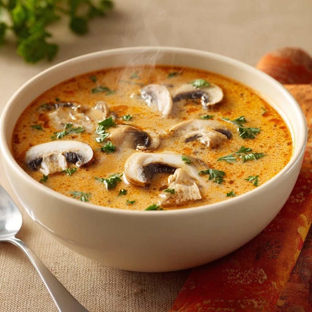 Cremige Pilz-Curry-Suppe als Nahaufnahme, die dampfend in einer Schüssel mit frischer Petersilie und Pilzscheiben serviert wird.