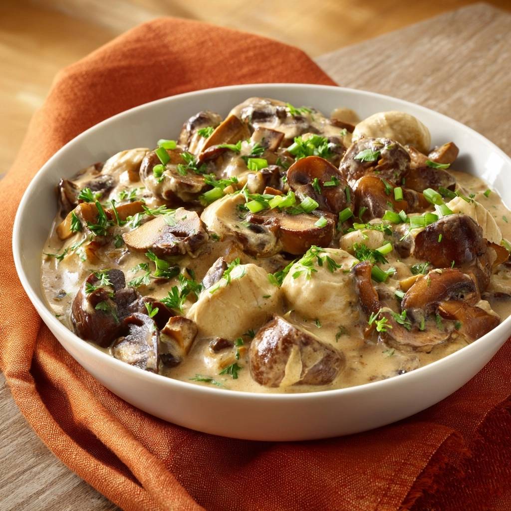Cremiges Pilz-Perlenzwiebel-Ragout als Nahaufnahme mit frischer Petersilie und Schnittlauch garniert