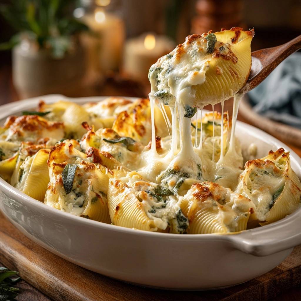Cremiger Spinat-Conchiglie-Auflauf mit Salbei, eine Portion wird mit geschmolzenem Käse aus dem Auflauf gehoben.