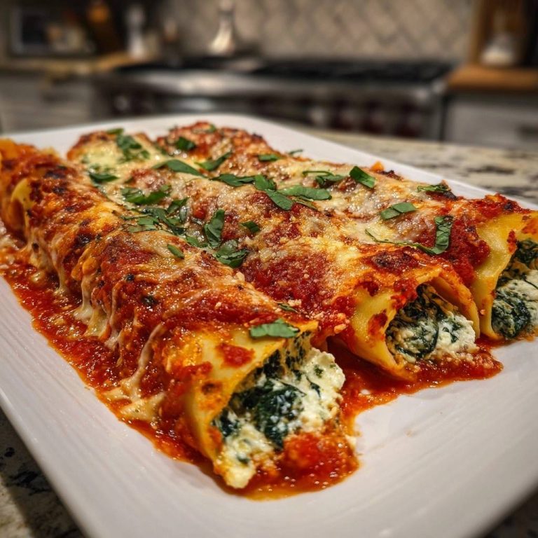Cremige Spinat-Ricotta-Cannelloni mit geschmolzenem Käse und frischen Kräutern, Nahaufnahme der gefüllten Nudelröllchen.