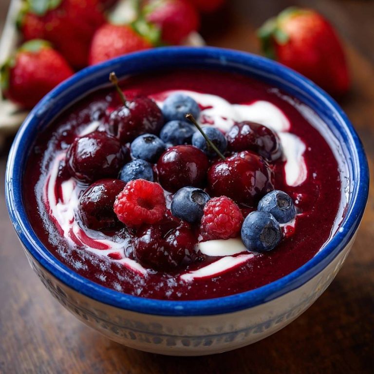 Cremige Beeren-Power-Bowl mit Kirschen, Blaubeeren und Himbeeren, garniert mit einem Klecks Joghurt.