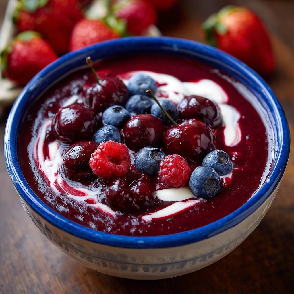 Cremige Beeren-Power-Bowl mit Kirschen, Blaubeeren und Himbeeren, garniert mit einem Klecks Joghurt.