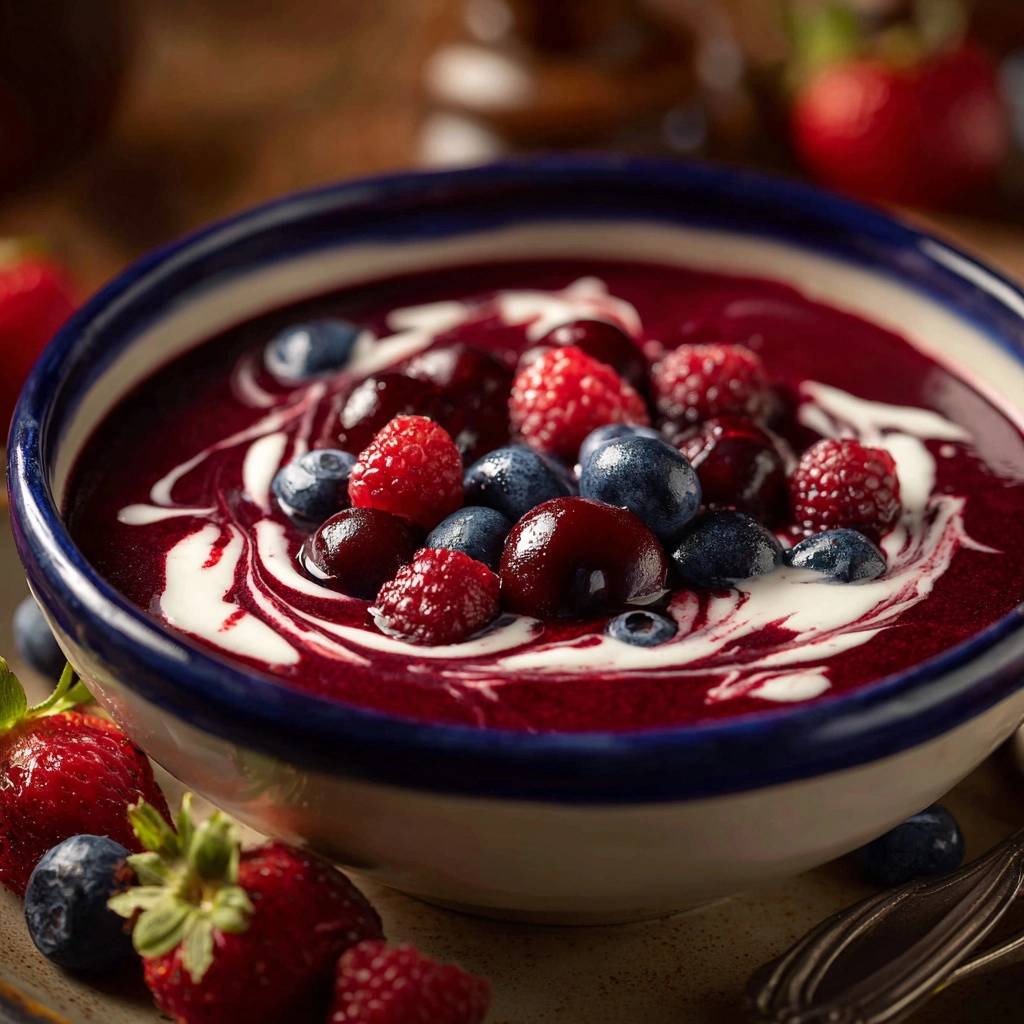 Cremige Beeren-Power-Bowl mit frischen Beeren und cremiger Garnitur in einer blauen Schüssel.