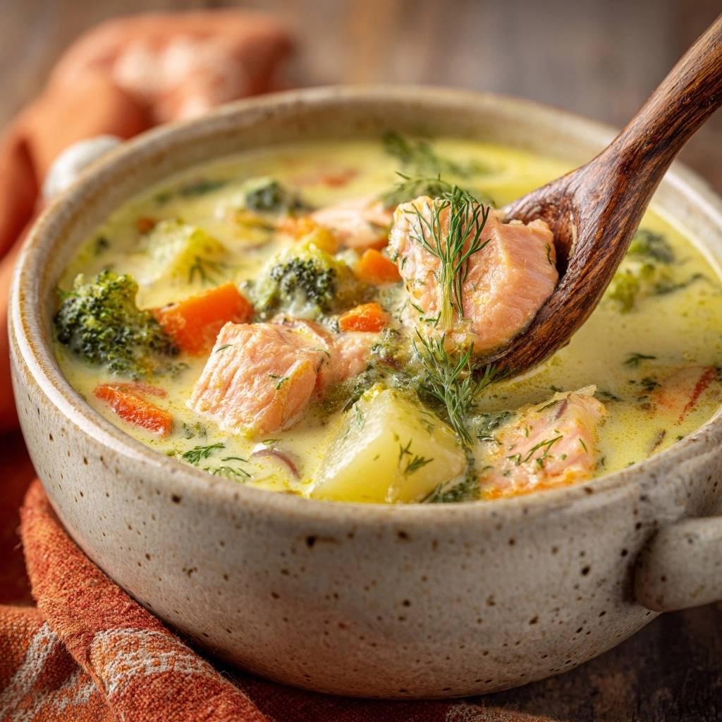 Cremige Brokkoli-Lachs-Suppe mit einem Löffel voller Lachs und Dill, detailreiche Nahaufnahme
