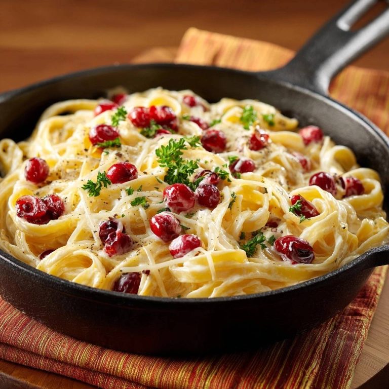 Cremige Cranberry-Tagliatelle in einer Gusseisenpfanne, garniert mit frischer Petersilie und ganzen Cranberries.