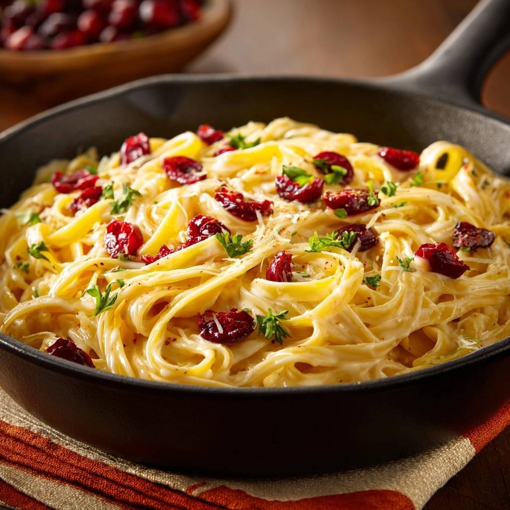 Cremige Cranberry-Tagliatelle mit frischen Kräutern und Cranberries, serviert in einer Pfanne
