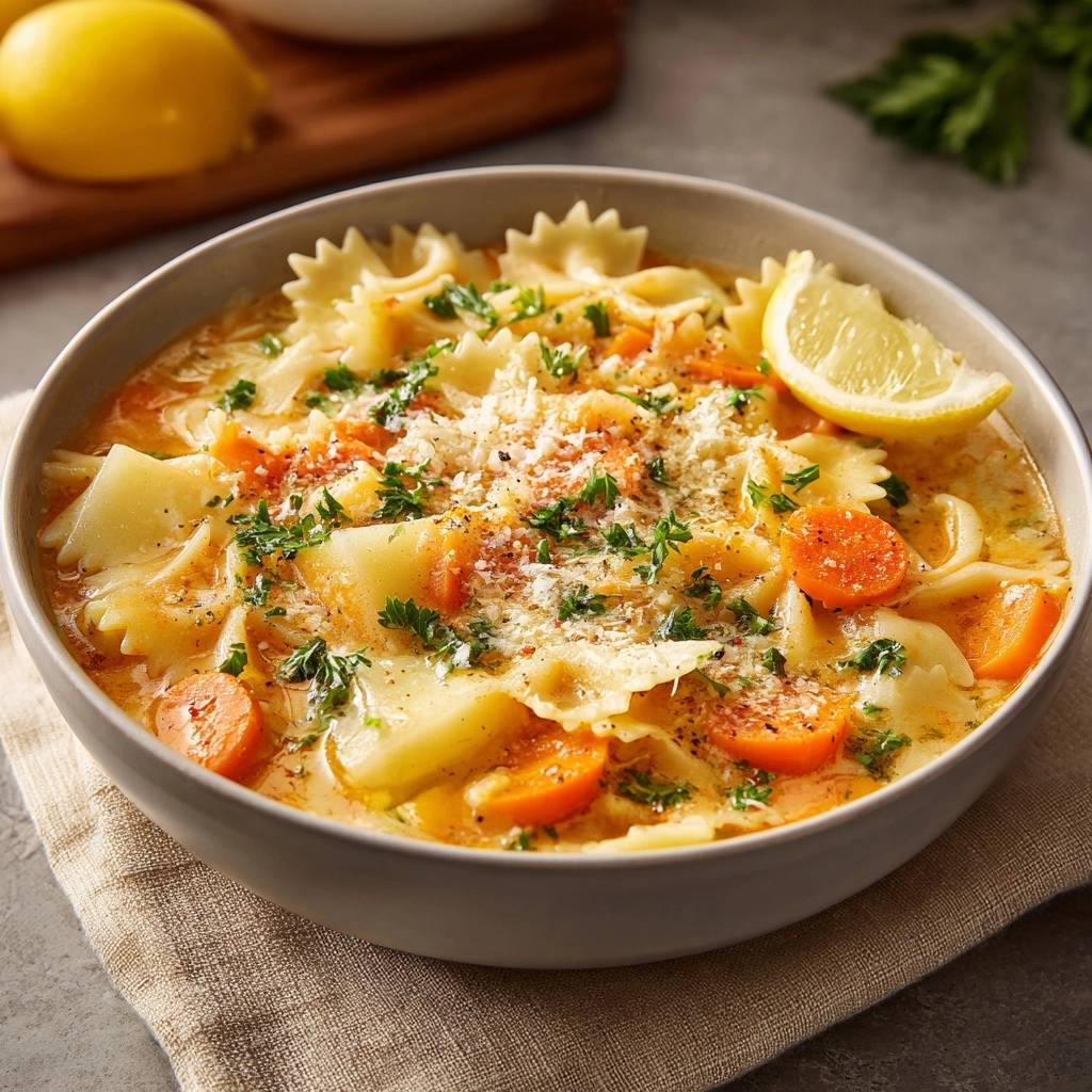 Cremige Farfalle-Kartoffel-Karottensuppe mit frischer Petersilie, Parmesan und Zitronenspalte garniert.