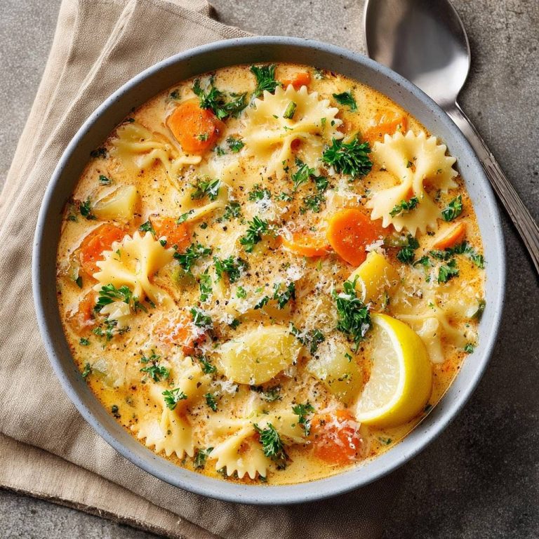 Cremige Farfalle-Kartoffel-Karottensuppe von oben mit frischer Petersilie und Zitronenspalte garniert