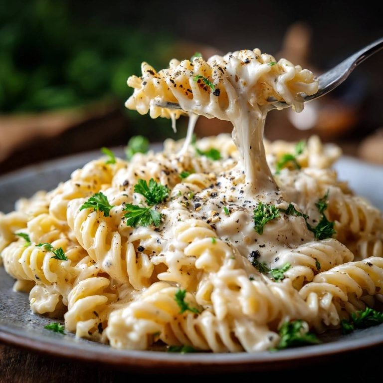 Cremige Fusilli Cacio e Pepe, mit einer Gabel aufgewickelt, zeigt geschmolzenen Käse und frische Petersilie.